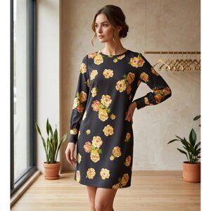 Loft Floral Long-Sleeve Mini Shift Dress size M In Navy With Yellow Roses Print